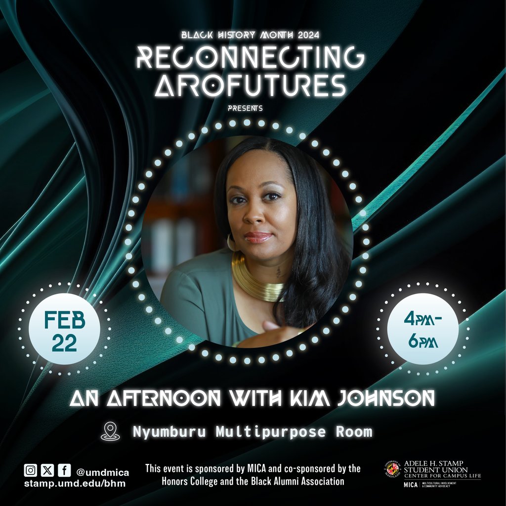 #BHM24 events happening TODAY!!  A conversation w/ UMD alumnus, activist, civic leader, & author, Kim Johnson, followed by a neo-western sci-fic horror film screening, #NOPE!  Check out the full BHM24 calendar at linktr.ee/umdmica #BlackLiterature #BlackMovies #AfroFutures