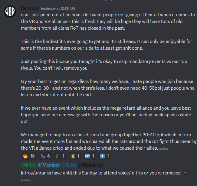 OSRS_VR's tweet photo. WBR 200+CC ALLIANCE TRIED TO HELP ROT BUT WERE REPEATEDLY FOCUSED &amp; SHUT DOWN UNTIL ALL THEIR MEMBERS LEFT THE PK.

RENDUAL HAD TO CRAWL TO VALHALLA ALONE AND IN SHAME.

HERES THE THREAT HE ISSUED TO HIS FAILURE MEMBERS WHO ARE FORCED TO DIE LIKE SLAVES!

https://t.co/6dtK9luvj4 https://t.co/etfUDdhmuG