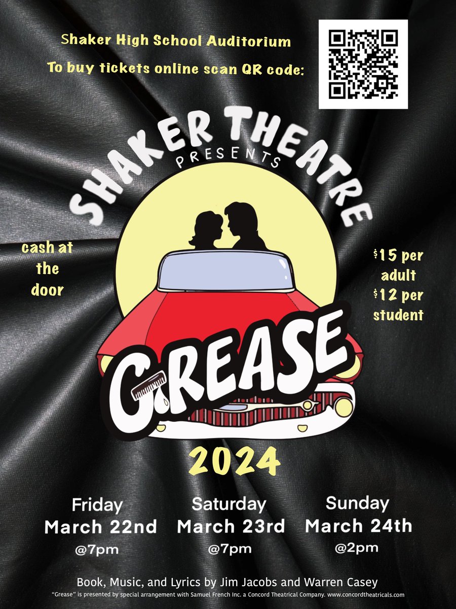 It’s summer lovin’! The Shaker Theater presents GREASE on March 22nd-24th. If you would like to purchase tickets, you can click this link: shsnccs.booktix.net, scan the QR code, or pay cash at the door. Don’t miss out on this fantastic performance & supporting our students!
