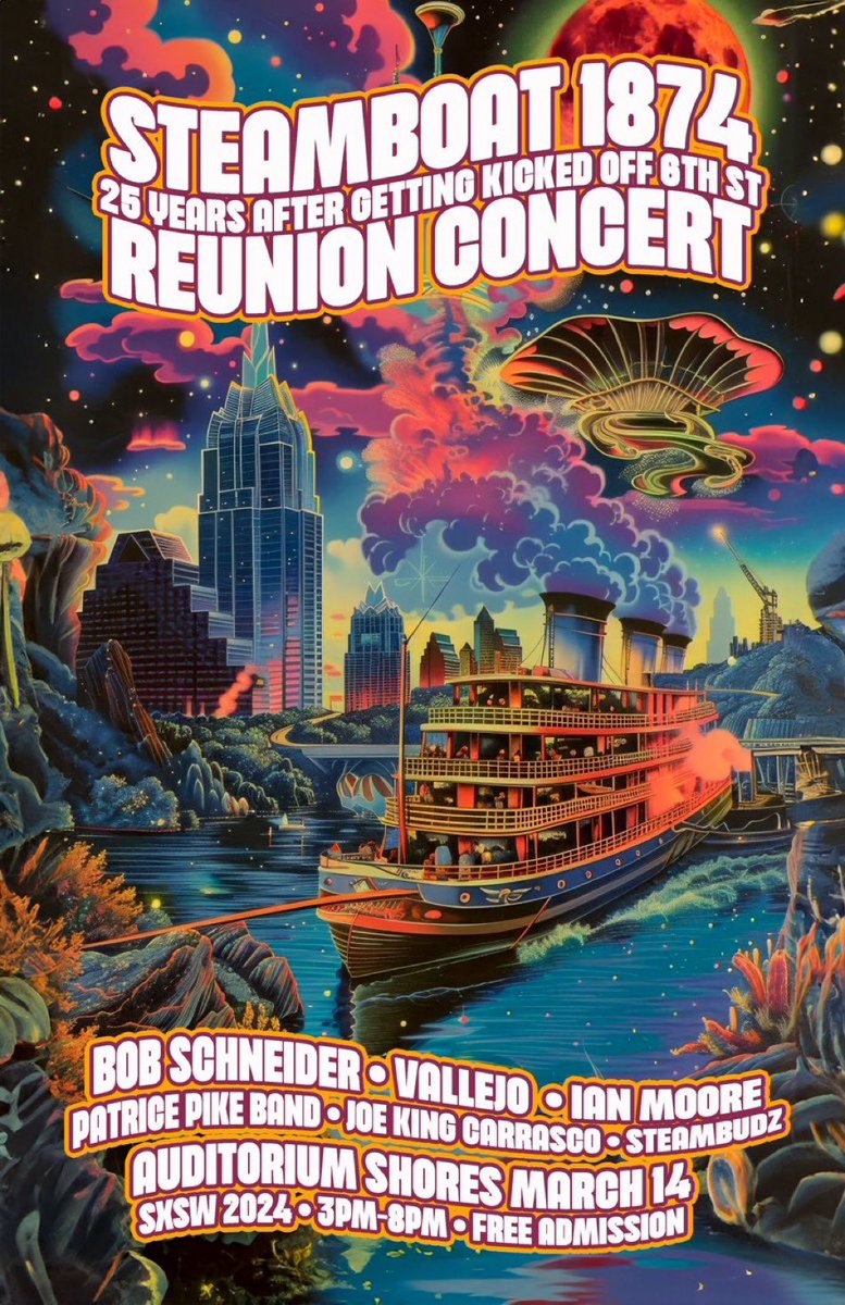 The SXSW Community Concerts at Lady Bird Lake will return this March with performances by Bob Schneider, Bootsy Collins, Parker Woodland, and more! 🗓️ Thurs 3/14 - Sat 3/16 📍 1820 S Lakeshore Blvd Free and open to the public 🙌🏼 More: bit.ly/3I5rlMR #SXSW @sxsw