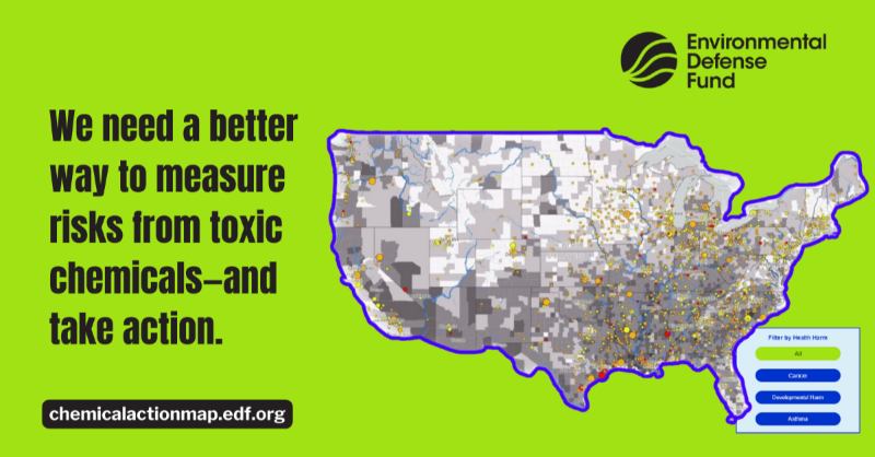 EDFChemicals's tweet photo. Ever wonder what chemicals are being made &amp; released in your community? EDF’s new Chemical Exposure Action Map shows some of the most toxic &amp; the health harms they cause. Interact with the data, then send a note to @EPA to encourage stronger protections: https://t.co/VpbXLlZXJX
