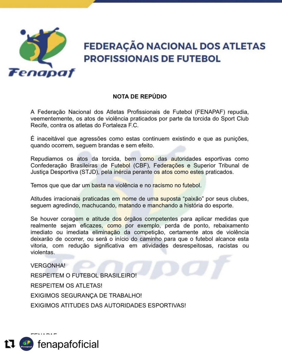 Apoio à nota de repúdio da Fenapaf sobre as atitudes da torcida do Sport. 

Basta de violência no futebol! ⚽️