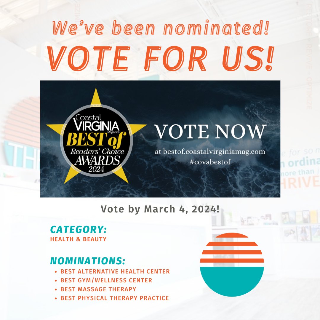 We are honored to be nominated for the✨ 2024 <a href="/coastalvamag/">Coastal Virginia Mag</a> Best of Readers' Choice Awards! ✨ 

Vote for us! 🗳️ …-choice--coastalvirginia.contest.vote/health-and-bea…

Nominations:
🎉 Best Massage Therapy
🎉 Best Alternative Health Center
🎉 Best Gym/Wellness Center
🎉 Best Physical Therapy Practice