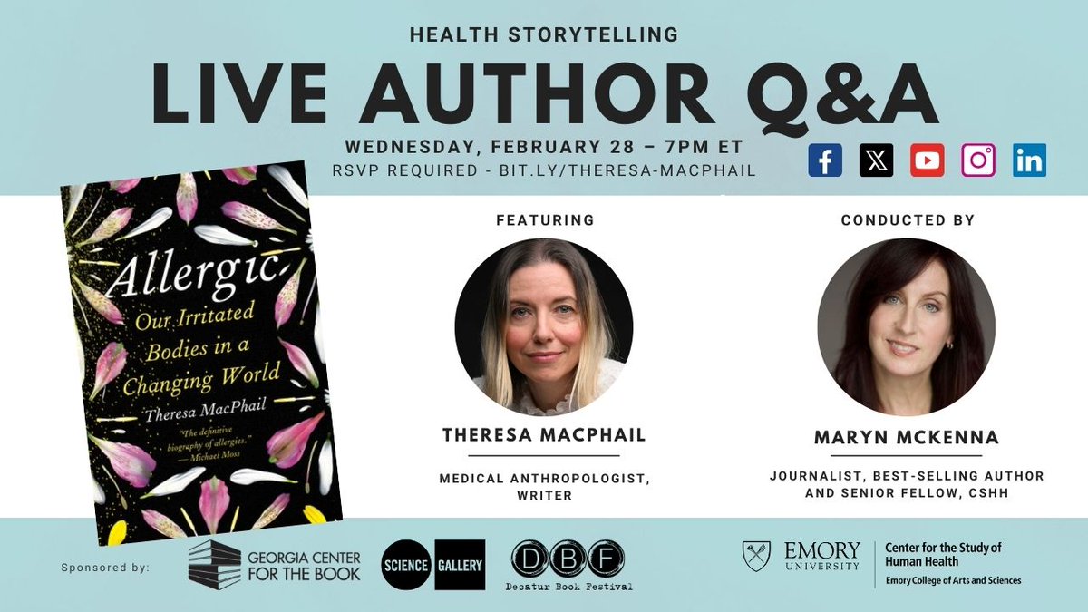Emory Human Health (@emorycshh) on Twitter photo Next up on the 2024 Winter-Spring #HealthStorytelling Author Q&A season w/ @MarynmMck...Dr. @TheresaMacphail, PhD, Professor <a href="/FollowStevens/">Stevens Institute of Technology</a>, medical anthropologist, and author of #ALLERGIC: Our Irritated Bodies in a Changing World. 2/28 7pm ET
Streaming on ALL Social Platforms Next up on the 2024 Winter-Spring #HealthStorytelling Author Q&A season w/ @MarynmMck...Dr. @TheresaMacphail, PhD, Professor <a href="/FollowStevens/">Stevens Institute of Technology</a>, medical anthropologist, and author of #ALLERGIC: Our Irritated Bodies in a Changing World. 2/28 7pm ET
Streaming on ALL Social Platforms