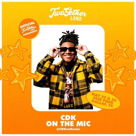 #ClientNews: CDK is an ambassador for the Two Gather Land  Festival.

Presented by <a href="/onemusicfest/">ONE Musicfest</a> x <a href="/twogetherland/">twogetherland</a> 

📍DALLAS, TX P <a href="/fairparkdallas/">Fair Park Dallas</a>

Memorial Day Weekend, May 25th &amp; 26th. Line up drops NEXT WEEK 

#TwoGetherLand #TGLAmbassador #TGL2024