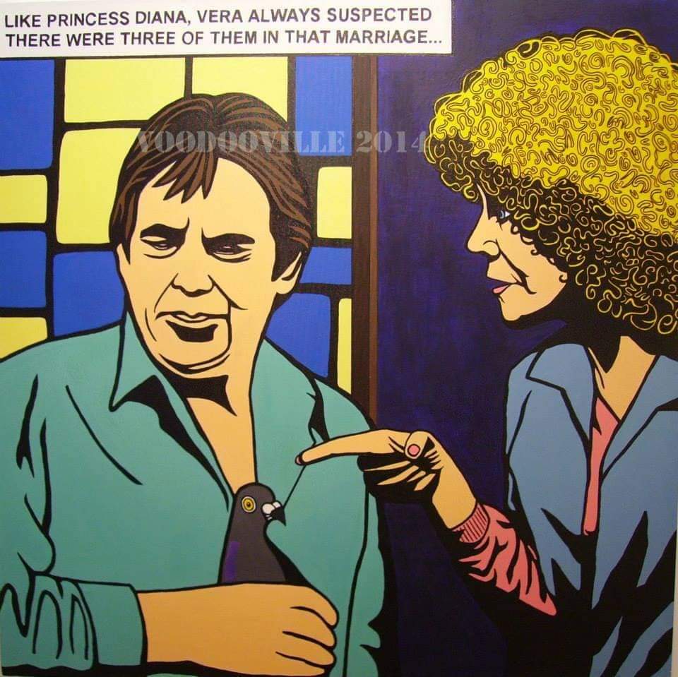 Jaynetunners's tweet photo. More #Corriecatures, plus some special visitors to my exhibition in Manchester's fab Northern Quarter. Also, the original Steve &amp; Karen painting belongs to #SuranneJones. She very kindly bought it. What a star! #DavidNeilson #TonyWarren @WendiPeters #classiccorrie #corrieart https://t.co/QSm6txYskS