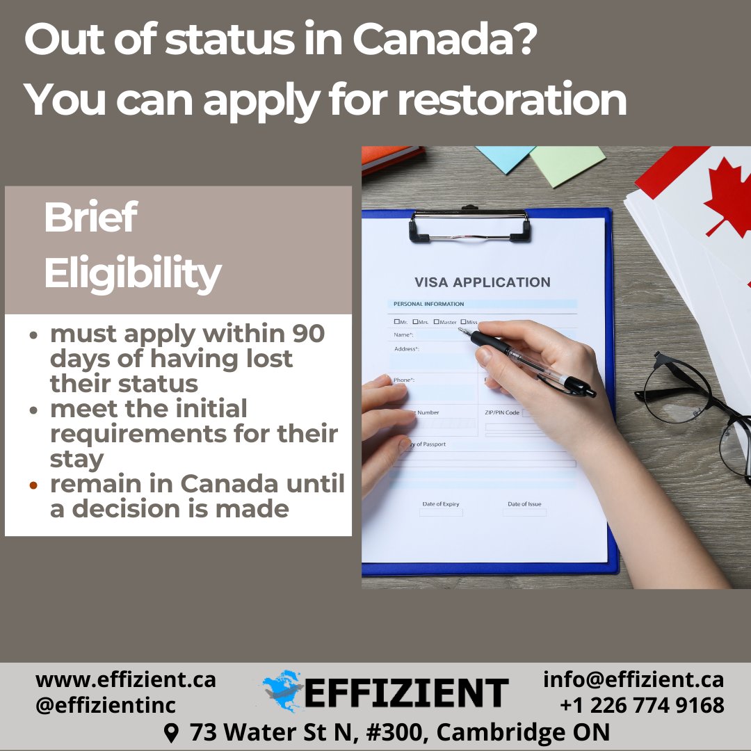 effizientcanada's tweet image. Lost your status in Canada? Don't worry, you can apply for restoration! Ensure you meet eligibility criteria and apply within 90 days of losing your status. Stay informed and stay in Canada while awaiting a decision. 

#OutOfStatus #RestorationApplication #TemporaryResidency