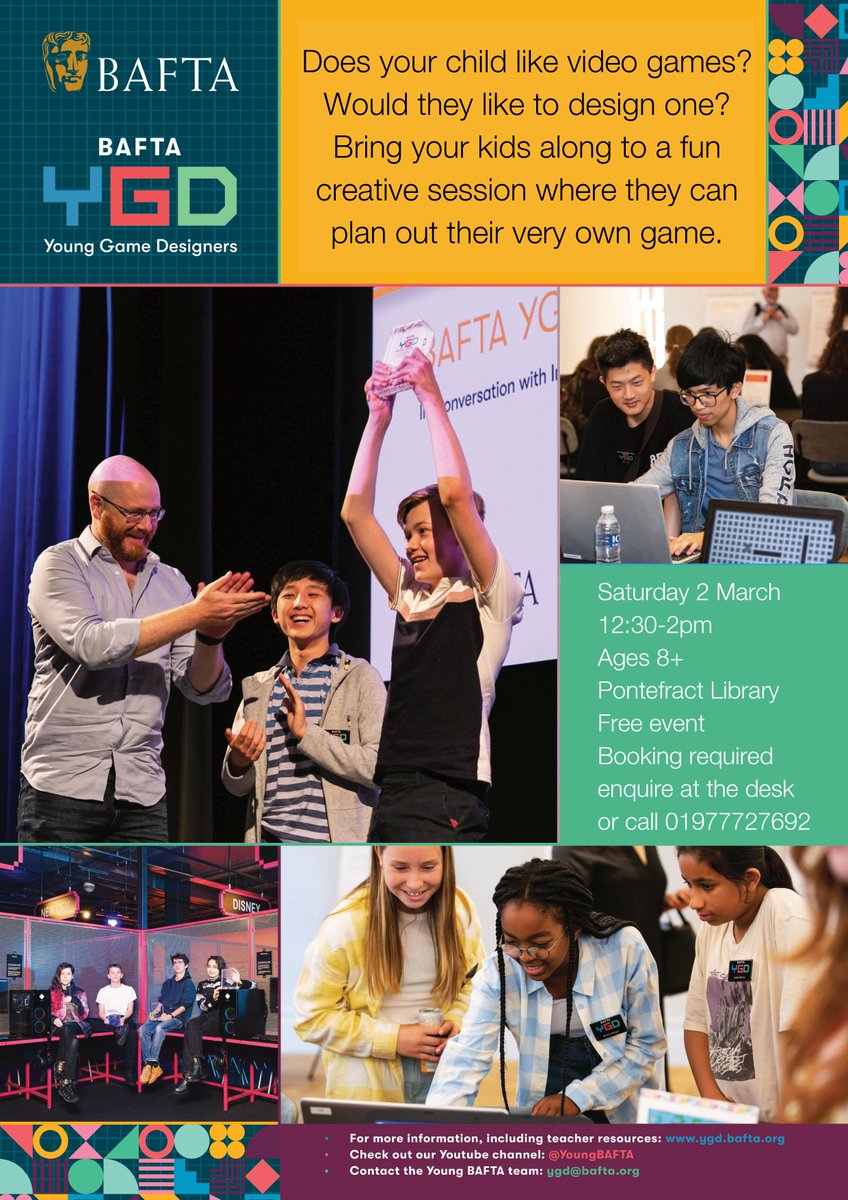 WFlibraries's tweet image. 🎮 Does your child like video games? Join us at #PontefractLibrary to design one!
📅Sat 2 Mar ⏰12:30-2pm 📍Pontefract Library

For ages 8+
Free event, booking required. Visit library desk or call 019777727692
@WFmuseum @MyWakefield @PonteCastle @BAFTAgames @WakeyMumbler