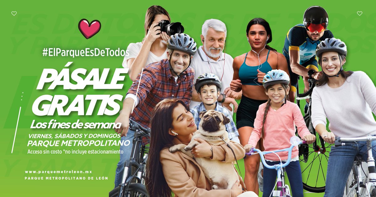parkmetroleon's tweet photo. 🌳💕😌 Viernes, sábado y domingo ¡Entras GRATIS al Metropolitano!
Recuerda que todos los leoneses podrán disfrutar de este beneficio.
¡Te esperamos! 👏👩👨‍🦰🧒👧🧓👨‍🦳
#ParqueMetropolitanoLeón #ElParqueEsDeTodos https://t.co/s4VWaTtPHy