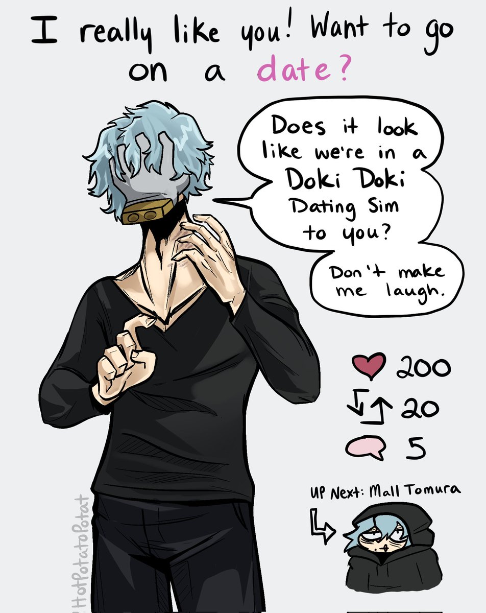 Tomura Shigaraki Dating Chain - every time we meet the goal, you ask a different version of Shigaraki out on a date 🤭

Of course, he might respond in character 😅

Let's try Mall Shigaraki next !!