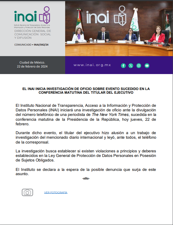 📃 #INAIalMomento

El INAI inicia investigación de oficio sobre evento sucedido en la conferencia matutina del titular del Ejecutivo.

🔗 ow.ly/rwPy50QGOSl