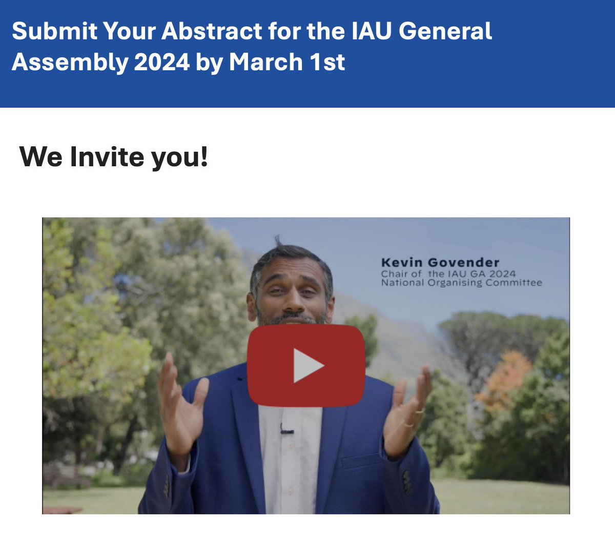 Reminder for #astronomy community! The #IAU General Assembly is coming up 6-15 August. Abstract submissions and grant applications close 1 March 2024. More here: astronomy2024.org