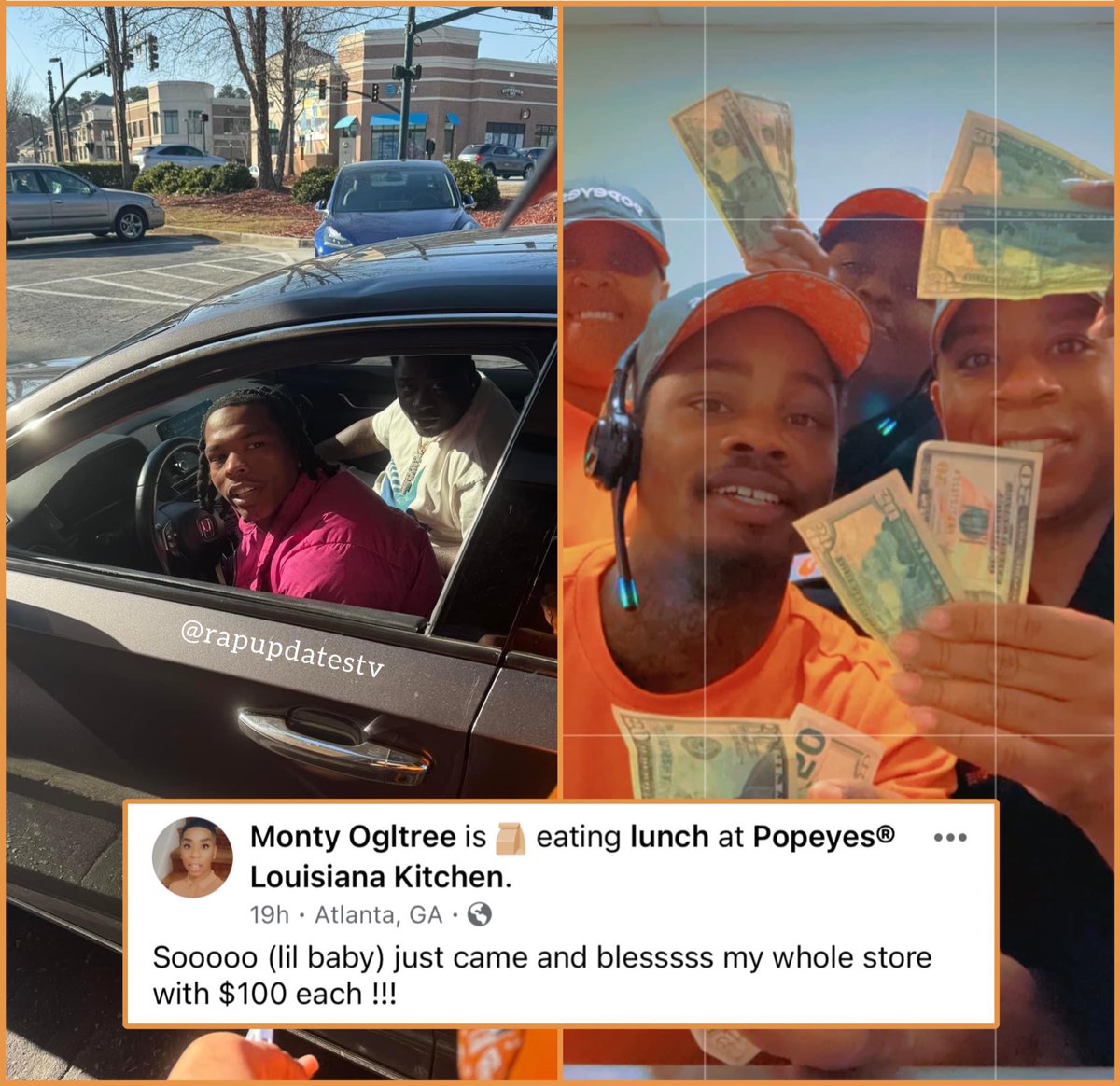 ForTheCltureRap's tweet photo. Lil Baby surprised everyone when he pulled up at Popeyes with a Honda and blessed them with $100 each https://t.co/L8qokfe2CH