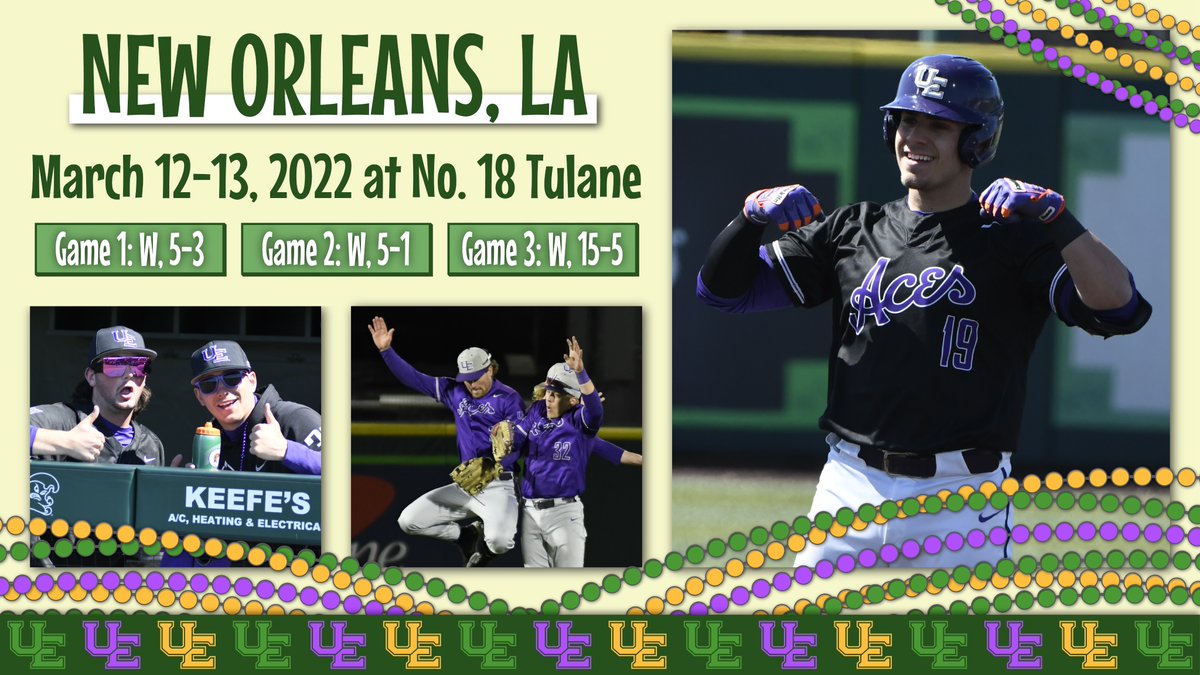 acesguac's tweet photo. Tomorrow, UE plays on the road in New Orleans. The last time the Aces were in NOLA? 2 years ago when they swept Tulane, the 18th team in the country at the time. 

Catch tomorrow's game at 6:30pm (CT) on ESPN+

#DumpEm #GUAC🥑 https://t.co/vo8rsVp9kT