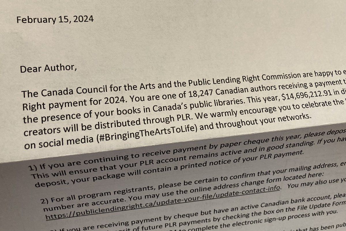 Got my first PLR payment today. See that salutation? Dear Author. That feels good ! #PLR @CanadaCouncil