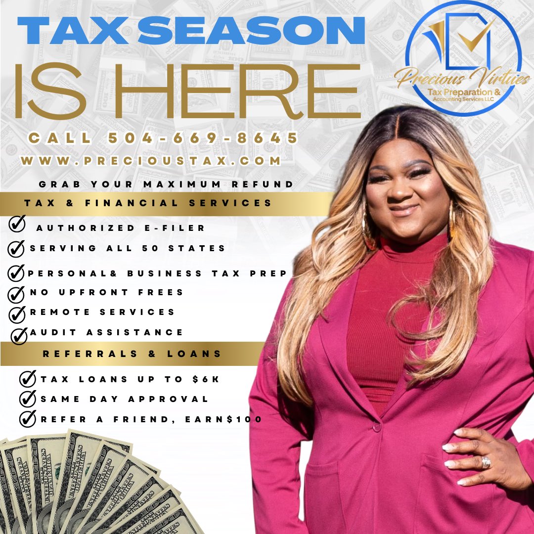 Precioustax's tweet photo. Congrats to all my clients who received that 💰 today!!! Don’t want to claim your refund!!!  Contact us today!!! @precious_virtues_tax_prep
… 
https://t.co/APvKN4hf3e 
… 
(504)-669-8645
Kenosha@precioustax.com 

#preciousvirtuestaxprepandacctingsvcsllc #pvtpas #taxes #nola https://t.co/1XcbvxN93i