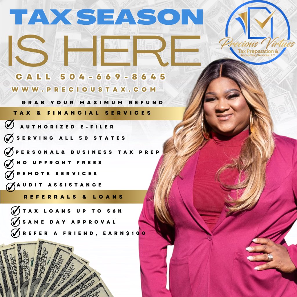 Kenoshacperry's tweet photo. Congrats to all my clients who received that 💰 today!!! Don’t want to claim your refund!!!  Contact us today!!! @precious_virtues_tax_prep
… 
https://t.co/Vr92oykR2S 
… 
(504)-669-8645
Kenosha@precioustax.com 

#preciousvirtuestaxprepandacctingsvcsllc #pvtpas #taxes #nola https://t.co/rfNEB51AOM