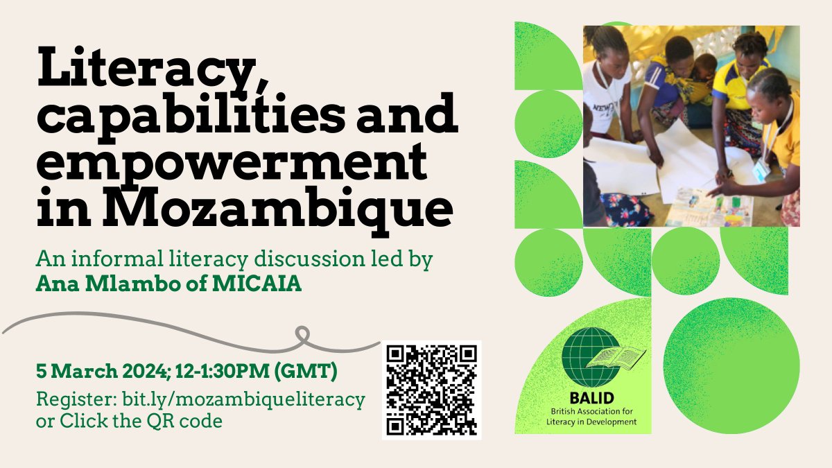 📢 Our next #InformalLiteracyDiscussion is "Literacy, capabilities &amp; empowerment in Mozambique" w/ Ana Mlambo, drawing from MICAIA's literacy &amp; numeracy approach w/ strong focus on gender transformation &amp; sustainability.

📅 5 March
⏰ 12-1:30pm (GMT)
🔗bit.ly/mozambiquelite…