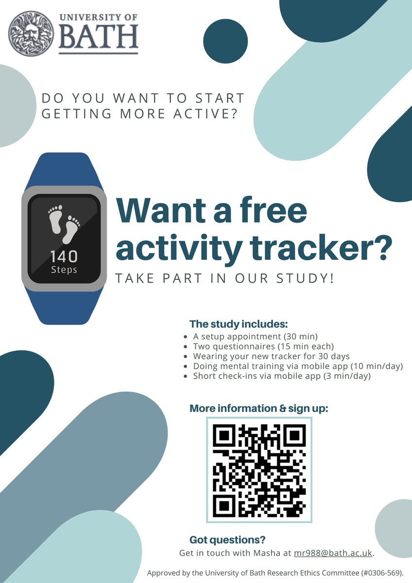 🚨 Recruiting 🚨 ⌚️ WANT A NEW ACTIVITY TRACKER TO KEEP? 🧑‍💻 Student at @UniofBath? 🏃‍♀️ Not doing much exercise (<1hr/wk)? Take part in our study! Involves wearing tracker for 30 days, 2x online survey (15 mins), 1x setup appt (30 mins). Info/sign up: bit.ly/DailyStepsStudy