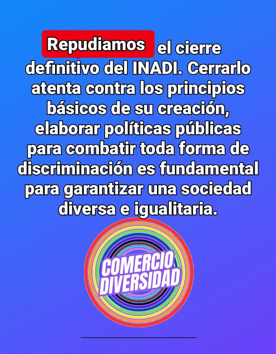 Repudiamos el cierre definitivo del #INADI
 Cerrarlo atenta contra los principios básicos de su creación, elaborar políticas públicas para combatir toda forma de discriminación es fundamental para garantizar una sociedad diversa e igualitaria
<a href="/sabriparedessec/">Sabrina Paredes</a>