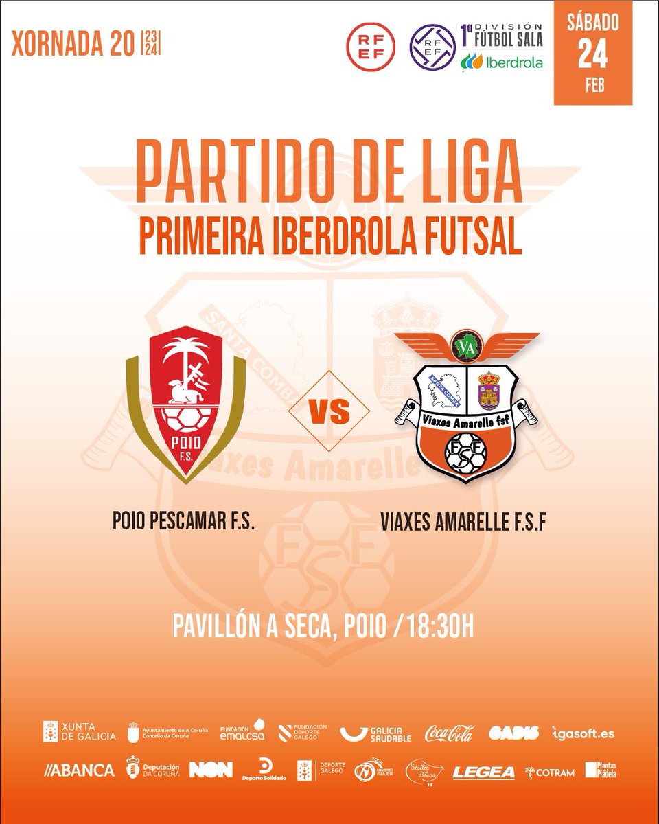 🚨PARTIDO🚨 

Nova semana de partido. Enfrontámonos contra o Poio Pescamar F.S. e iso quere dicir que temos derbi 👀
Imos equipo 💪🏼⚽️🧡

🏆 Primeira Iberdrola Futsal 
20ª Xornada | 🆚 @PoioPescamarfs 
🗓️ S. 24 de febreiro 
🕧 18:30 H
🏟️ Pavillón A Seca
📍Poio
📺 SinopsisVuvuzela