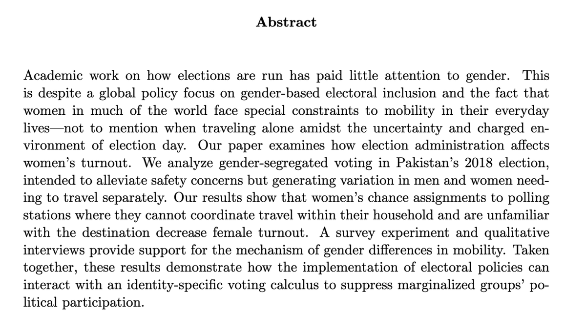 🚨Revised WP alert!🚨 And could not be more timely given Pakistan's 🇵🇰 recent elections, where an internet blackout made the logistics of finding polling stations so salient. Why does women's turnout still lag behind men's? 1 possible answer: mobility. 🧵 w/ @natalya_rahman: