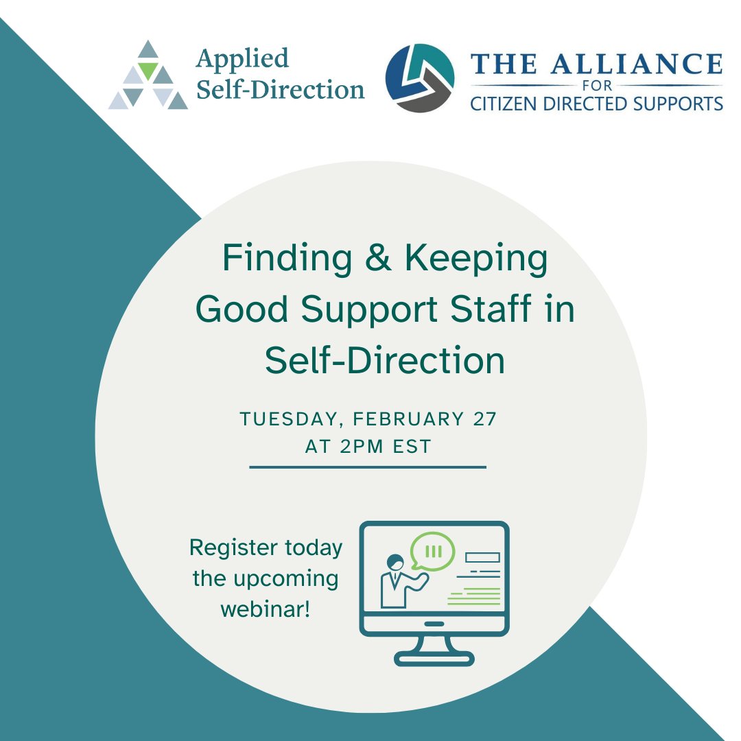 We are teaming up with the Alliance for Citizen Directed Supports to offer the webinar, "Finding and Keeping Good Support Staff in #selfdirection". During this session, we will share real stories and advice on how to recruit and keep support staff.
appliedselfdirection.zoom.us/meeting/regist…