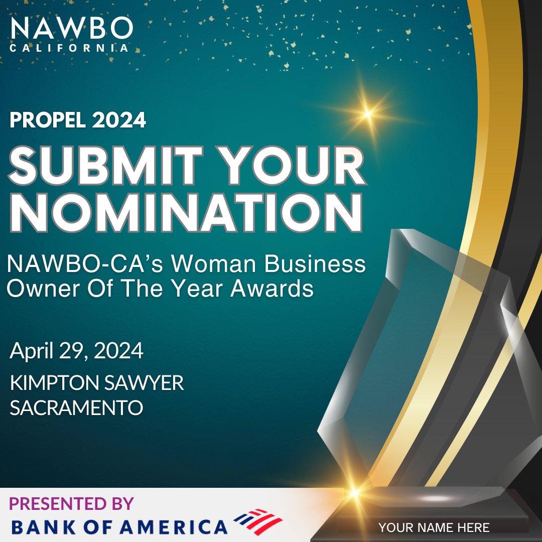 Know of a woman business owner who deserves to be recognized? Nominate an outstanding woman entrepreneur (or yourself!) for the prestigious Women Business Owner of the Year Awards at Propel 2024 presented by Bank of America! 🌟 #womenbusinessowner #nawbo