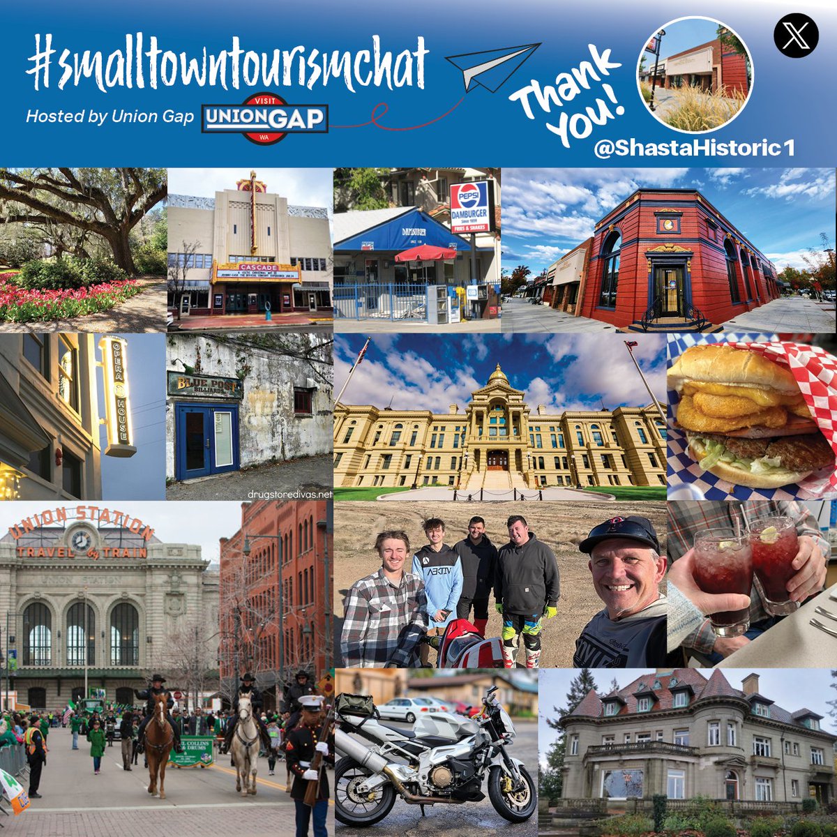 Thanks to all & our cohost @ShastaHistoric1 for fun #SmallTownTourismChat this week. Some of the photos that grabbed our attention from @CheyenneWY @WA_Marysville @drugstoredivas @jimwalter @bigfoot0325 @UnionGapWA @obligatraveler (& cohost of #Top4Theme) & @cherrydude