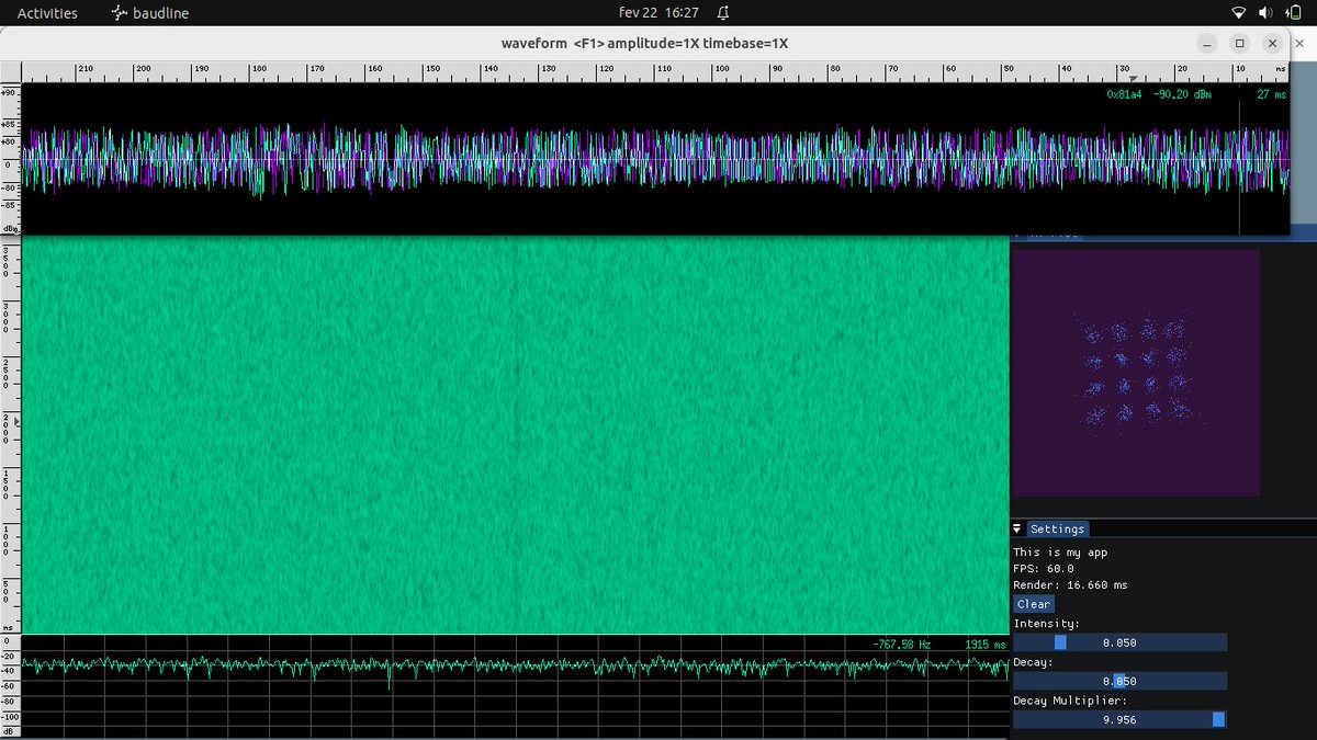 DutraCGI's tweet photo. Meh... It works... Testing the #PopoSDR C++ blocks... PlutoSDR + Gnuradio on Tx, 40dB att. https://t.co/j4UfxYRbCK