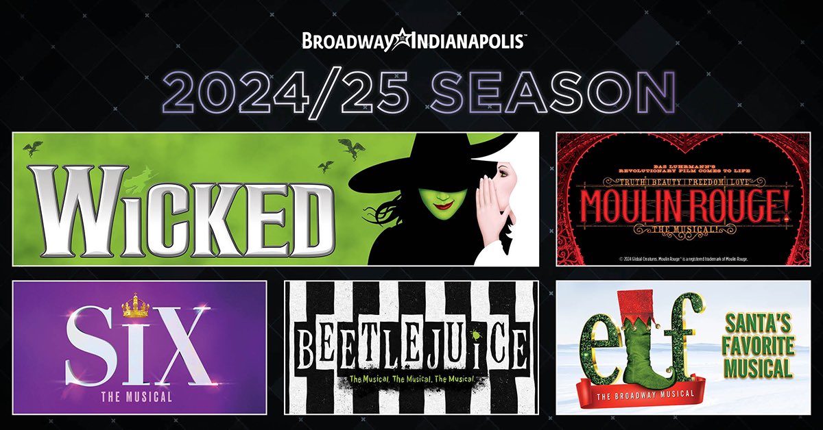 BroadwayIndy's tweet photo. 🍾 Pop the champagne for the 2024/2025 Broadway in Indianapolis season, featuring 3 SPECTACULAR Indy premieres, a holiday favorite, and the return of Wicked. New 5-Show packages are on sale now starting at $260 at the link in our bio. #BroadwayIndy https://t.co/tGj1EdeZpr