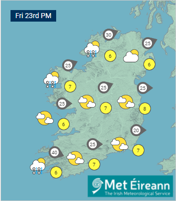 MetEireann's tweet photo. #Fridayweather

Cold with sunny spells &amp; scattered showers, most frequent in the west🥶⛅️🌧️

Some will be heavy with hail, sleet is possible on high ground🌨️

Light to moderate west to southwest winds, occasionally increasing fresh &amp; gusty🌬️

Highest temperatures of 5 to 8 °C📉 https://t.co/iD0JUoniF2
