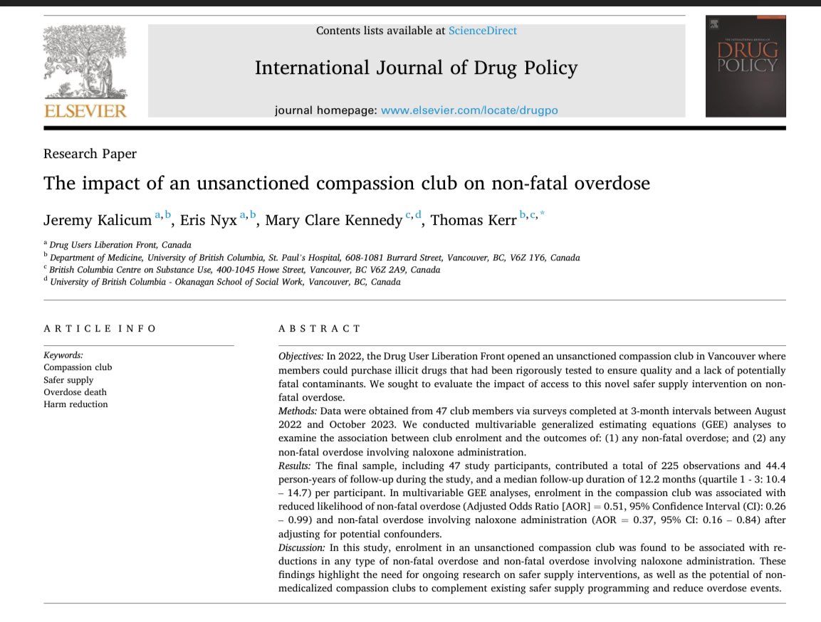 “The impact of an unsanctioned compassion club on non-fatal overdose” by @JKalicum et al (2024) via @ijdrugpolicy…are there any compassion clubs operating in your region? These clubs save lives! Link: sciencedirect.com/science/articl…