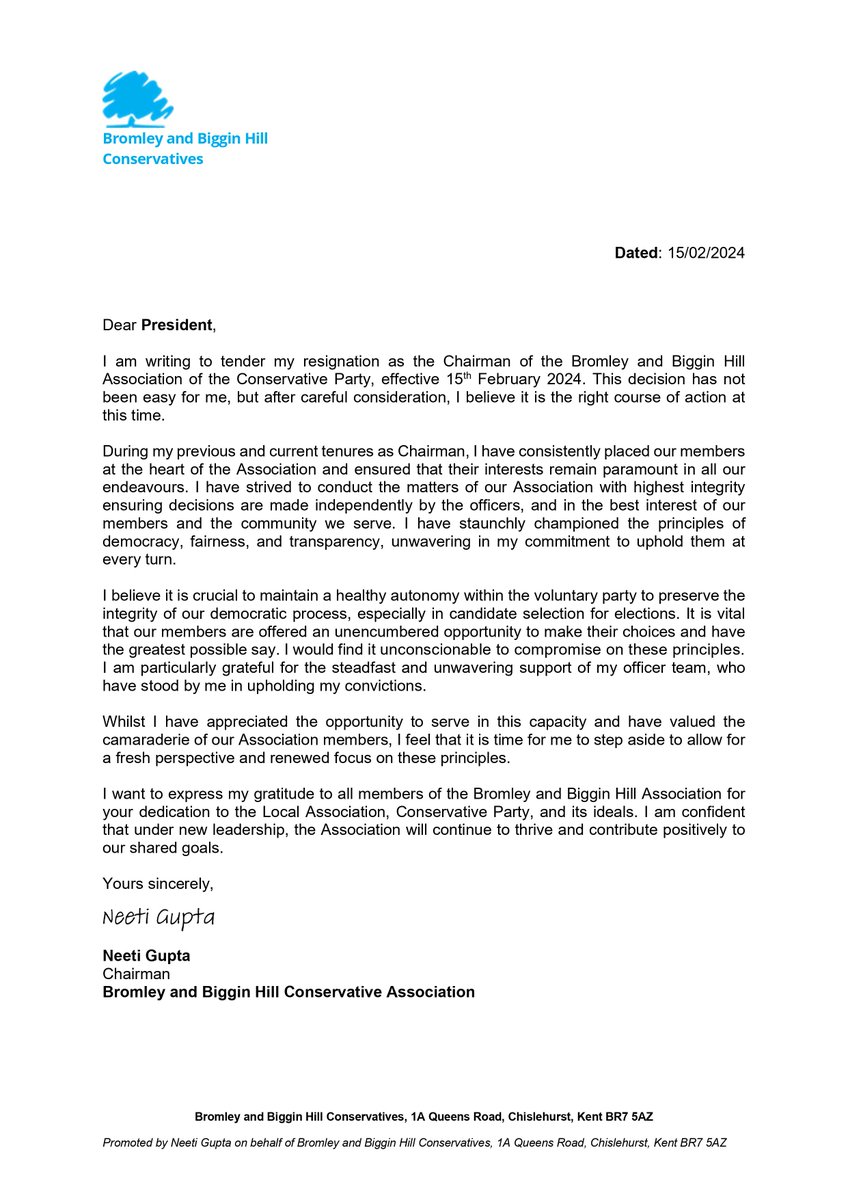 In a heartfelt decision, I resigned as Chairman of the Bromley &amp; Biggin Hill Conservative Association last week. Serving the members has been a great honour, but there are times when principles must take precedence.