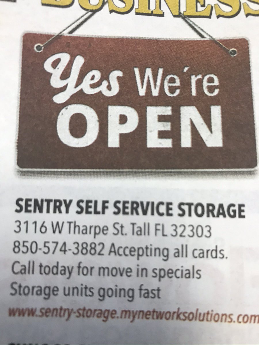 Pamdesr's tweet photo. 850 574 3882 Sentry Self Service Storage, Tallahassee best for 31years locally owned and operated Have few units dont wait Come by or call #sentrystorage
Happy Thursday!👌✔️ https://t.co/3lHW2S2DbM