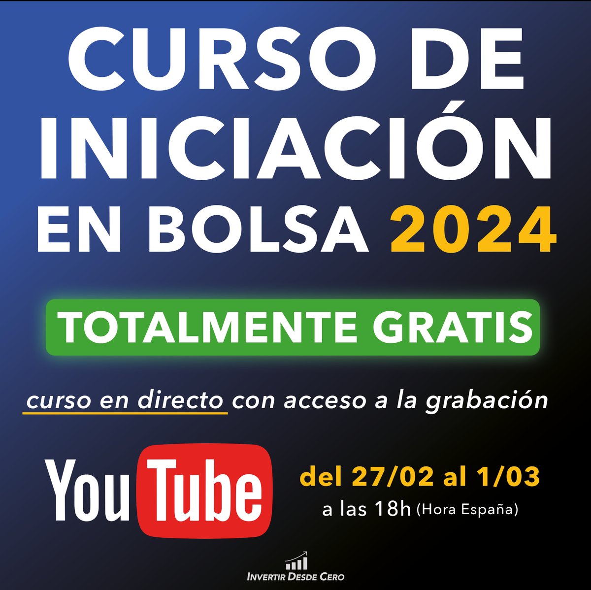 InvertirDesde0's tweet photo. ¿Quieres APRENDER a INVERTIR en acciones DESDE CERO?

🗓️El próximo 27 de febrero arranca en nuestro Canal de YouTube el Curso de Iniciación en Bolsa 2024📊

🟢TOTALMENTE GRATIS🟢

Dale a RT + ME GUSTA para ayudarnos a difundir la EDUCACIÓN FINANCIERA