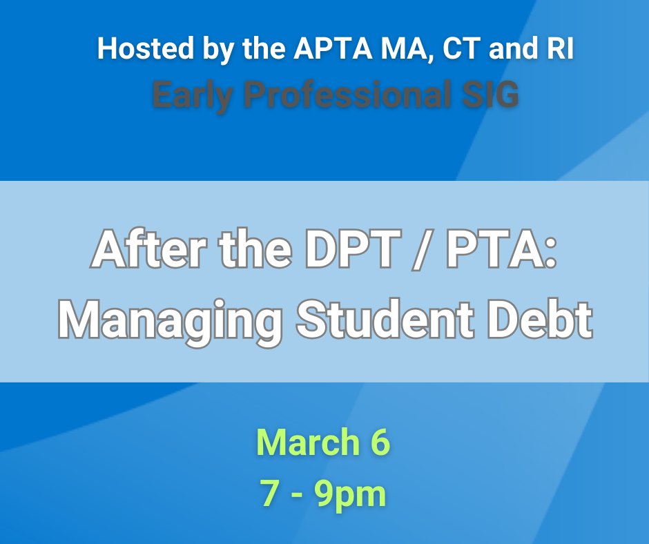 Please come ready to learn and feel empowered about taking control of your student debt!  Presented by Connor Pierce PT, DPT and Certified Student Loan Professional
RSVP for link: forms.gle/aD6gCgSFBnepn9…