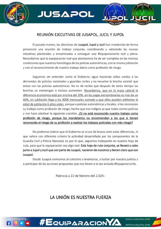 JupolNacional's tweet photo. JUSAPOL, JUCIL y JUPOL  en busca de nuevas iniciativas para acabar con la desigualdad salarial de nuestros compañeros.

✔ Lucharemos con firmeza por la #EquiparacionYa, la #JubilacionDignaYa y la #ProfesionDeRiesgoYa

✔ Animamos a TODOS a levantarse y luchar.

Comunicado👇 https://t.co/LLCfjZkC89
