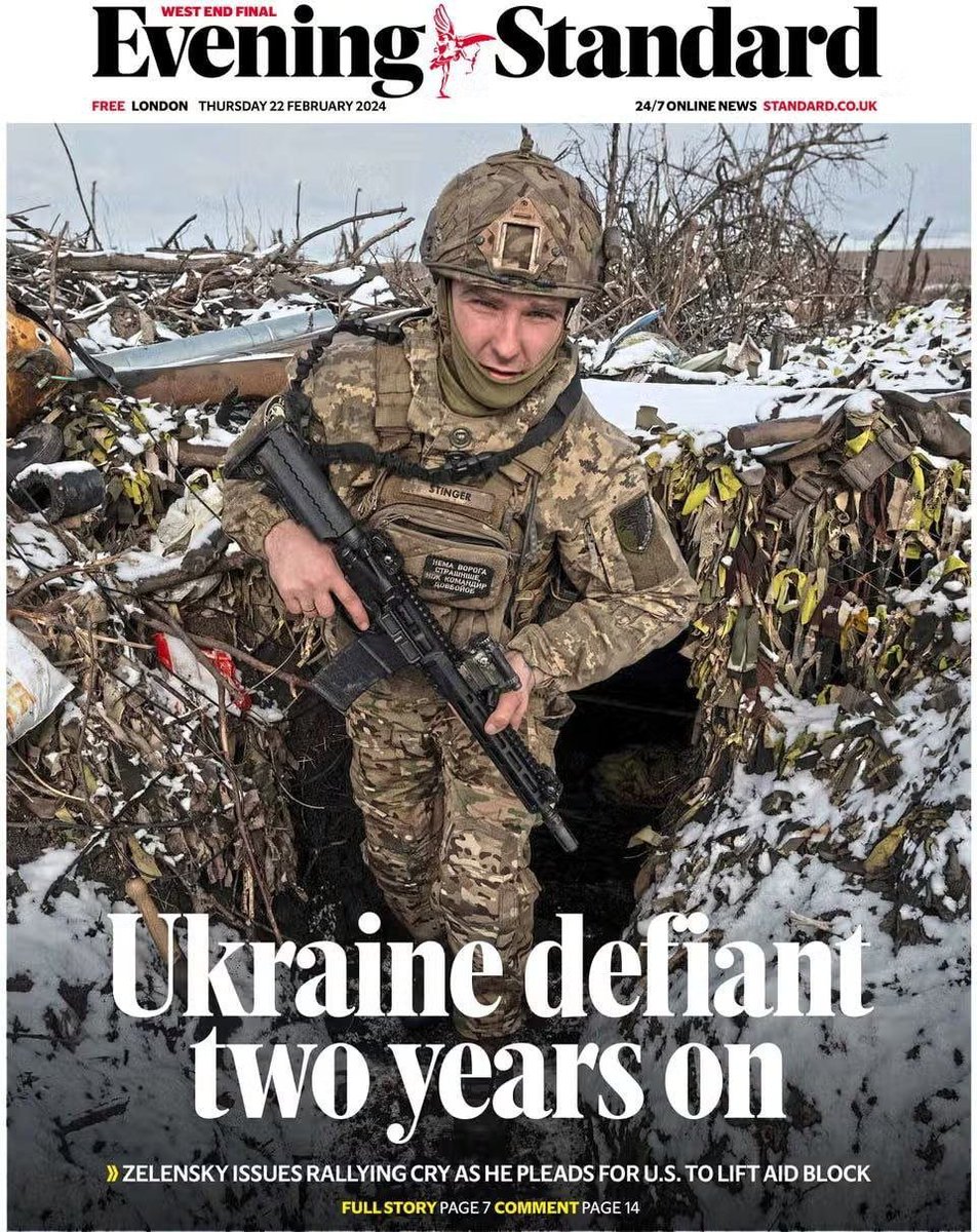 gerundyi's tweet image. Британська газета Evening Standard опублікувала номер, присвячений другій річниці повномасштабної війни. 

На передовицю потрапив український солдат із нашивкою "Нема ворога страшніше, ніж командир довбойоб"