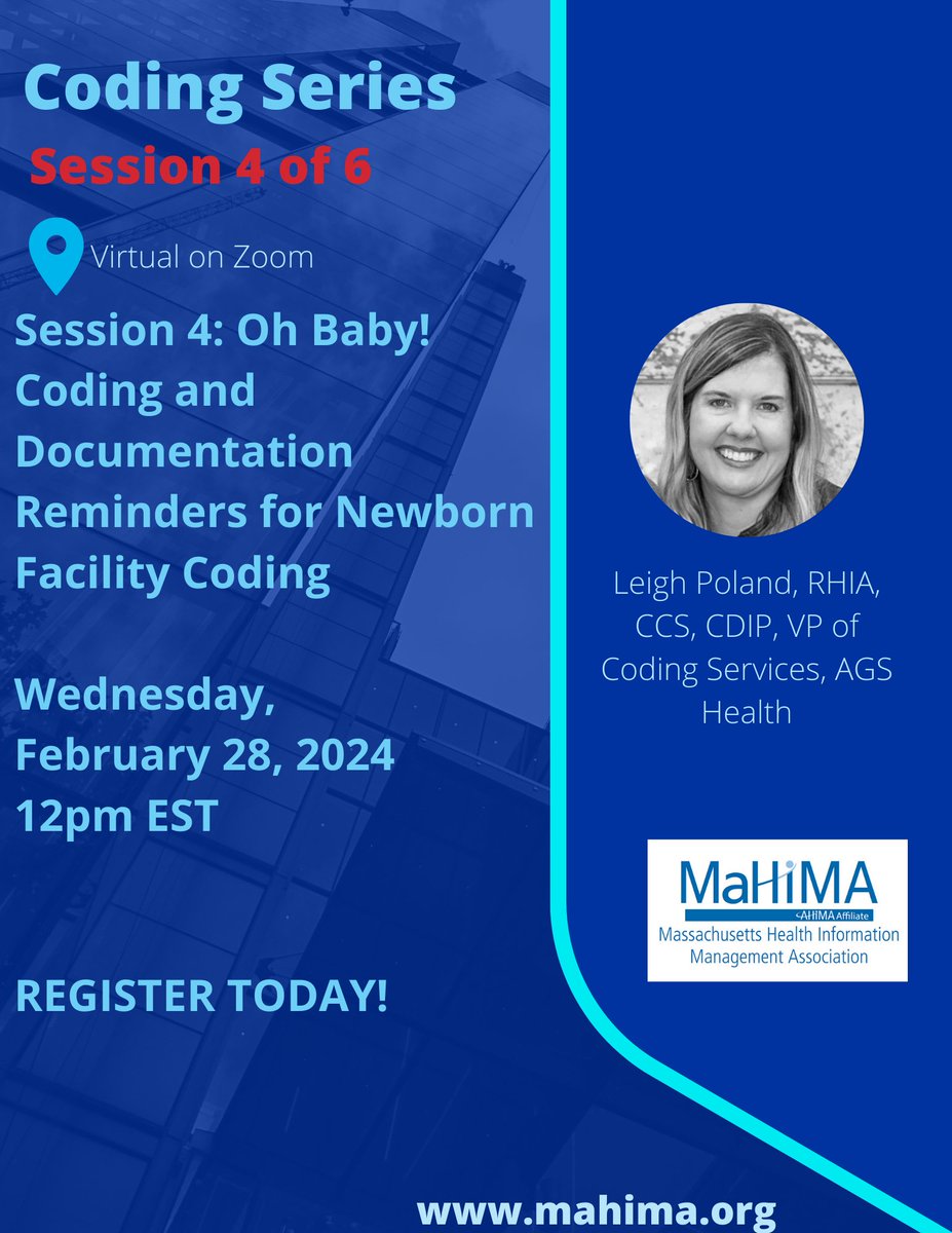 7 days to register for MaHIMA webinar Oh Baby! Newborn Coding presented by Leigh Poland, RHIA, CCS, CDIP with AGS Health at 12pm on February 28, 2024! Registration can be found here. lnkd.in/dKpNJ2sF