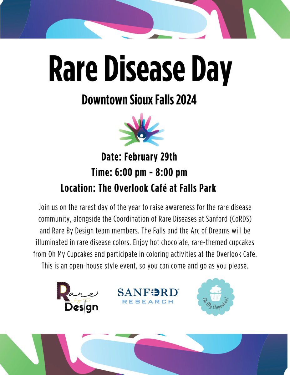 Join us for the rarest day of the year as we light up The Falls and the Arc of Dreams in downtown, Sioux Falls, South Dakota. 

There will be free cupcakes, hot chocolate, AND FUN!

See below for more details: 

#SanfordRare #RareDiseaseDay