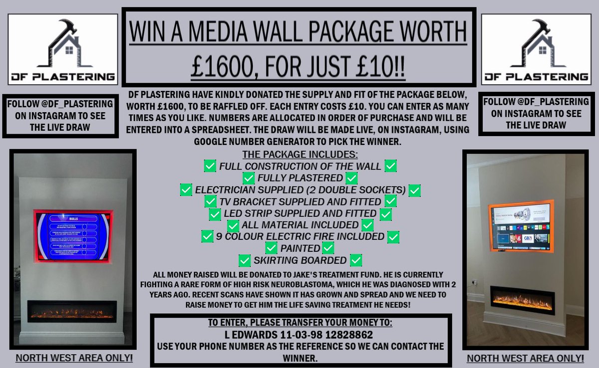 Get your number(s) now and be in with the chance of winning a media wall package worth £1600 for just £10! The draw will be happening this weekend. Details on how to enter are at the bottom of the poster. If you need more details, just message me. Thank you ❤️🙏🏼