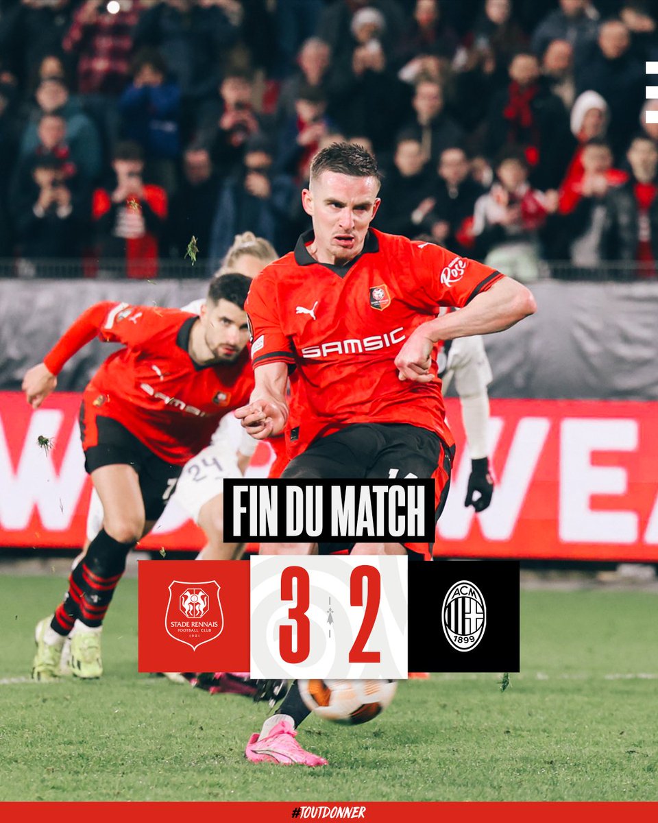 🏁 Il y aura eu une ambiance de feu, un triplé de Bourige', une victoire des Rouge et Noir, mais le parcours des Rennais en @EuropaLeague s'arrête ici. Malgré la déception, les émotions auront été au rendez-vous ce soir ❤️🖤 #SRFCACM 3-2