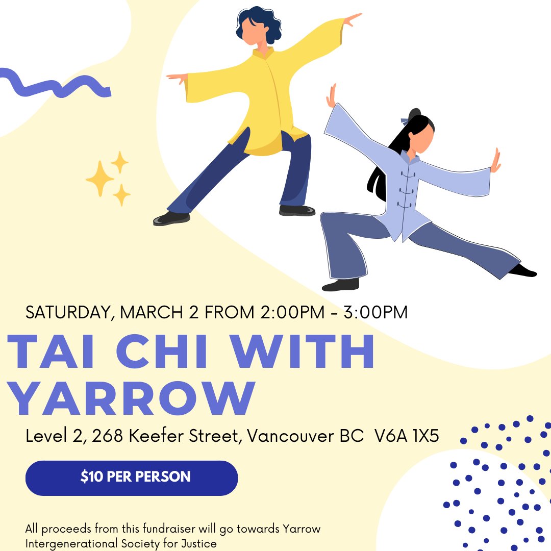 Embrace tranquility and support a worthy cause at Yarrow’s Tai Chi Fundraiser with the amazing Yarrow senior 馬太.

🌿 Date &amp; Time: Saturday, March 2, 2024 from 2:00 PM - 3:00 PM

📍 Location: Level 2 of the Sun Wah Centre, 268 Keefer Street, Vancouver BC V6A 1X5