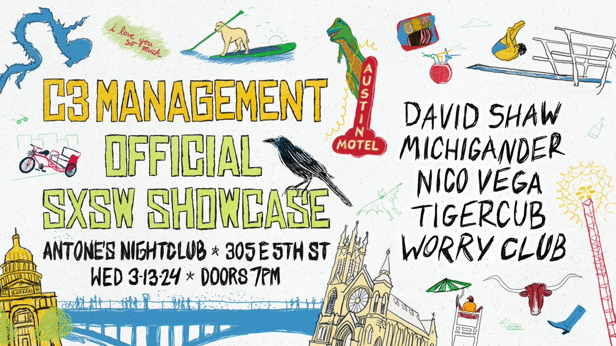 Official @sxsw x @C3MGMT x @Antones on March 13th! Featuring performances by @dshawmusicbox, @michiganderband, @nicovega, @tigercub, and @WorryClub! RSVP at the link in bio!⚡️ *This GA showcase is free to the public, but will have a priority line for SXSW badges.*