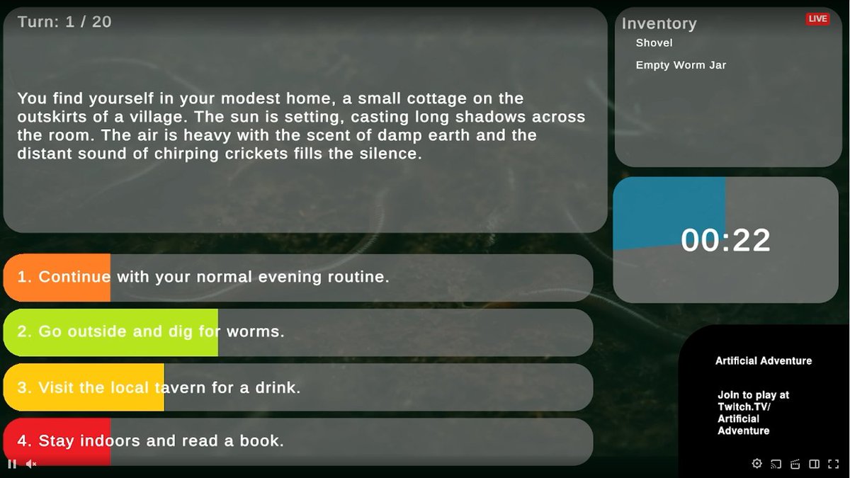 Bob De Schutter (@bobdeschutter) on Twitter photo We need more people to help us eat the worm!!! Check out Artificial Adventure - a multiplayer TwitchPlays Choose-Your-Own-Adventure AI-driven game - live on Twitch right now: twitch.tv/artificialadve…
#twitch #AI #ChatGPT <a href="/NU_CAMD/">Northeastern CAMD</a> We need more people to help us eat the worm!!! Check out Artificial Adventure - a multiplayer TwitchPlays Choose-Your-Own-Adventure AI-driven game - live on Twitch right now: twitch.tv/artificialadve…
#twitch #AI #ChatGPT <a href="/NU_CAMD/">Northeastern CAMD</a>