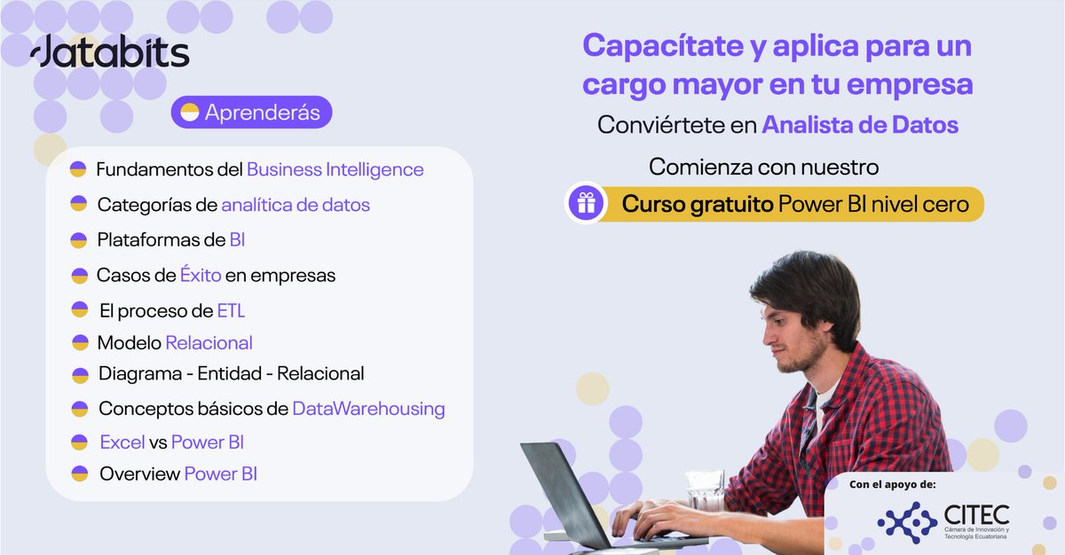 CITECec's tweet image. 🚨CURSO TOTALMENTE GRATUITO ¡Despega en tu carrera de análisis de datos con Power BI con nuestros socios #databits ! 🚀
Promoción disponible solo hasta el 25 de febrero. Luego de inscribirte, tendrás 4 semanas para ver el curso.
👨🏻‍💻¡INSCRÍBETE AHORA!  👉🏻 
databits.ac-page.com/power-bi-nivel…
