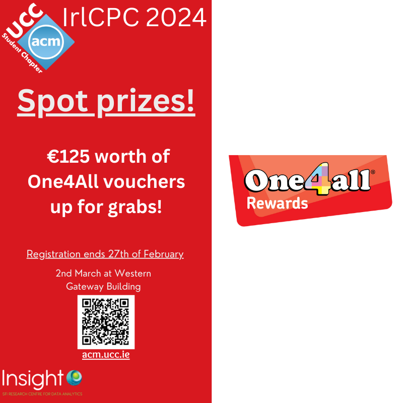 UCC ACM Student Chap (@uccacm) on Twitter photo Here is what spot prizes are available at #IrlCPC2024. Every team that attends the competition on the 2nd of March can win a €25 One4All voucher! Registration closes on the 27th of February so sign up to not miss out!
<a href="/insight_centre/">Insight Research Ireland Centre</a> <a href="/crt_ai/">Research Ireland CRT in Artificial Intelligence</a> <a href="/AdvanceCrt/">@Advance_CRT</a> @DREAL_ie Here is what spot prizes are available at #IrlCPC2024. Every team that attends the competition on the 2nd of March can win a €25 One4All voucher! Registration closes on the 27th of February so sign up to not miss out!
<a href="/insight_centre/">Insight Research Ireland Centre</a> <a href="/crt_ai/">Research Ireland CRT in Artificial Intelligence</a> <a href="/AdvanceCrt/">@Advance_CRT</a> @DREAL_ie