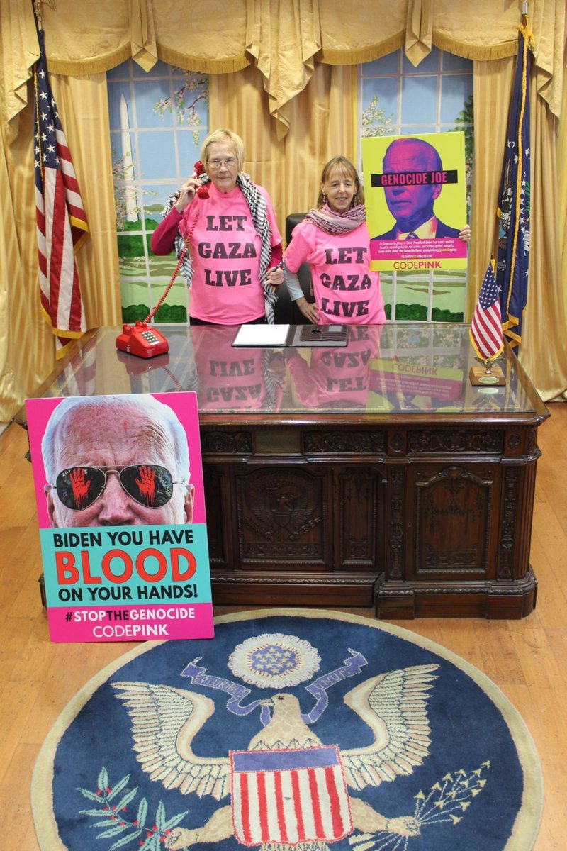 medeabenjamin's tweet photo. The door of the White House was open so we walked in. They didn’t even notice the Genocide Joe poster. 🤭 https://t.co/DiRVfCz4nA