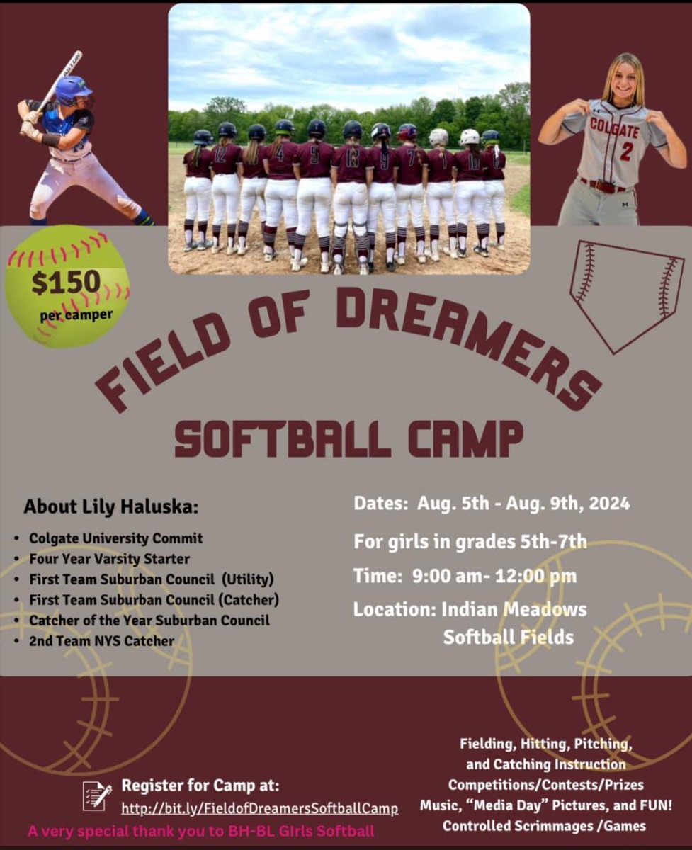 LilyHaluska's tweet photo. I am excited to announce my first softball camp this summer, "Field of Dreamers". This comprehensive program will focus on instruction in fielding, hitting, pitching, and catching techniques. 
Registration Link: 
https://t.co/i24Ch0IcD8 https://t.co/1a8bV8REma